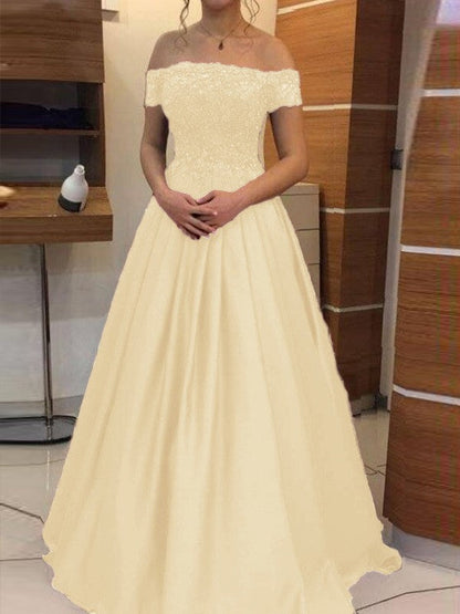 Ball Gown Off-the-Shoulder Sleeveless Floor-Length With Applique Satin Prom Dress