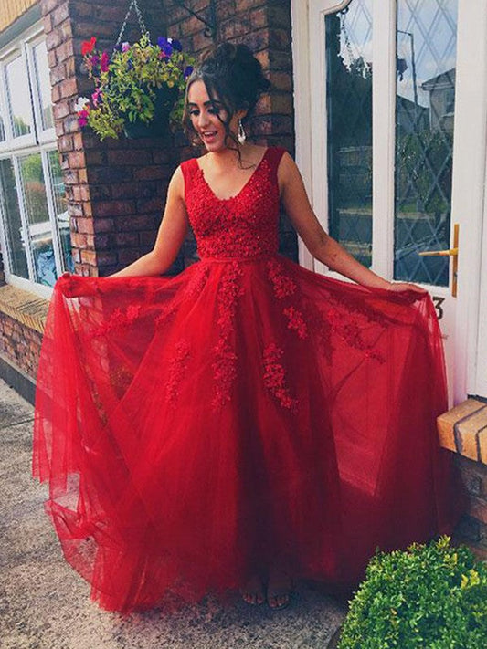 A-Line V-neck Sleeveless Floor-Length With Applique Tulle Prom Dress
