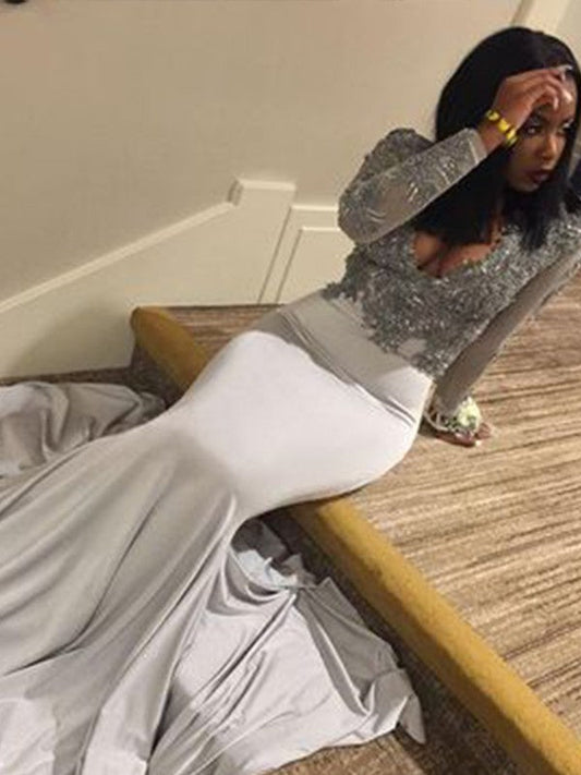 Mermaid V-neck Long Sleeves Sweep/Brush Train With Applique Jersey Prom Dress