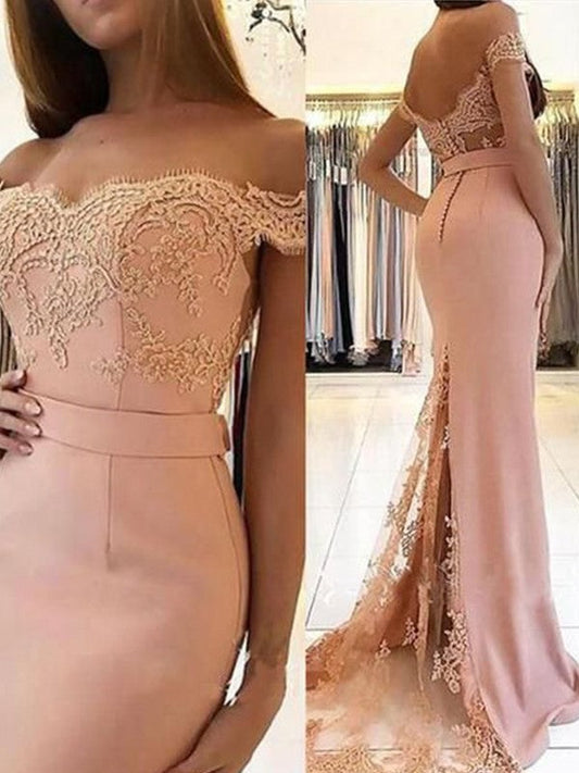 Sheath Sleeveless Off-the-Shoulder Sweep/Brush Train With Applique Stretch Crepe Prom Dress