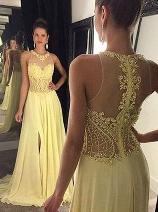 A-Line Sleeveless Sheer Neck Sweep/Brush Train With Beading Chiffon Prom Dress