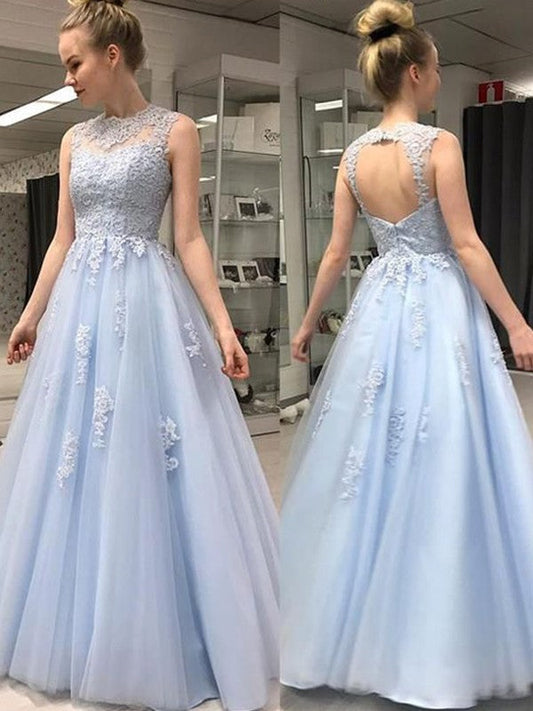 A-Line Sleeveless Sheer Neck Floor-Length With Applique Tulle Prom Dress