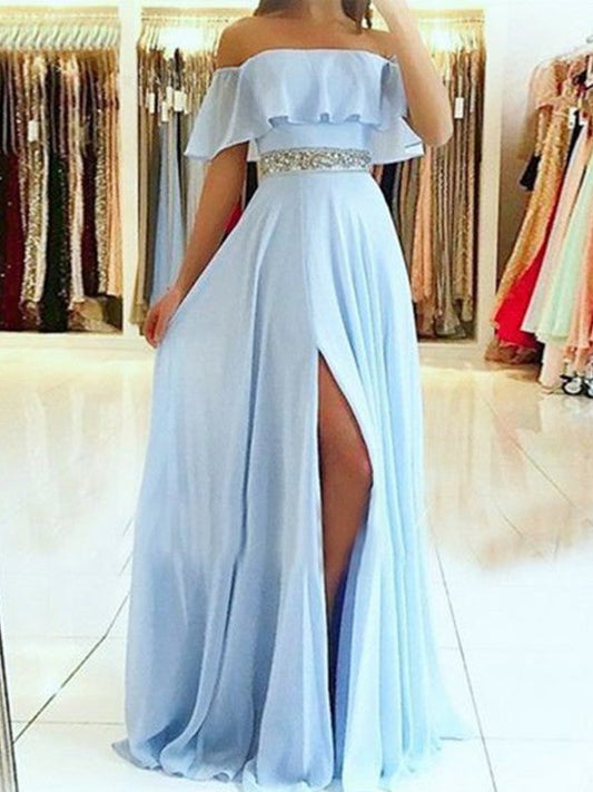 A-Line Sleeveless Off-the-Shoulder Floor-Length With Beading Chiffon Prom Dress