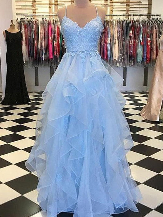 A-Line Sleeveless Spaghetti Straps Floor-Length With Applique Tulle Prom Dress