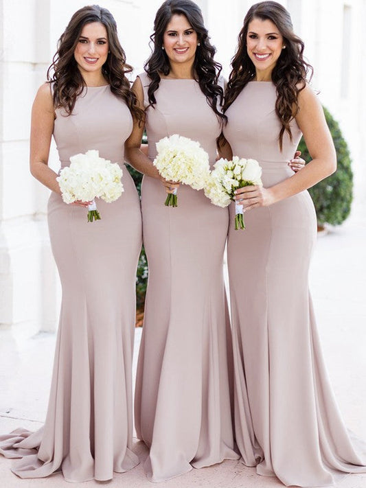 Sheath Sleeveless Sheer Neck Sweep/Brush Train Stretch?Crepe Bridesmaid Dresses
