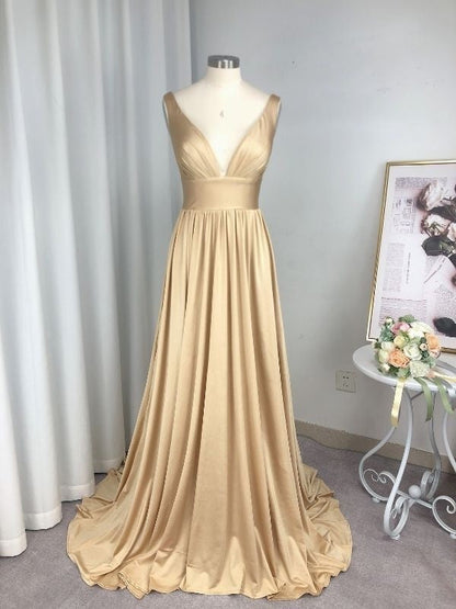 A-Line Sleeveless V-neck Sweep/Brush Train With Ruffles Jersey Bridesmaid Dresses