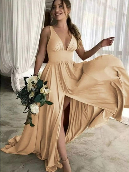 A-Line Sleeveless V-neck Sweep/Brush Train With Ruffles Jersey Bridesmaid Dresses