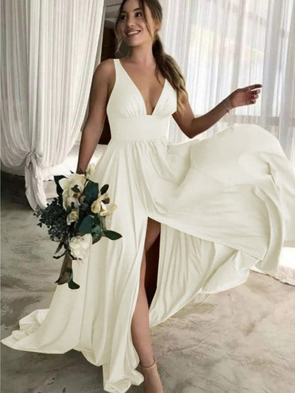 A-Line Sleeveless V-neck Sweep/Brush Train With Ruffles Jersey Bridesmaid Dresses