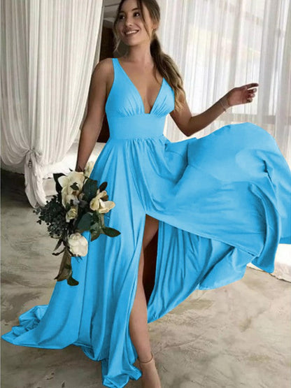 A-Line Sleeveless V-neck Sweep/Brush Train With Ruffles Jersey Bridesmaid Dresses