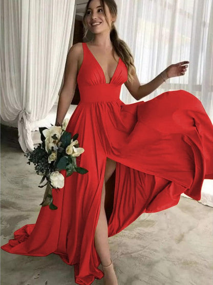A-Line Sleeveless V-neck Sweep/Brush Train With Ruffles Jersey Bridesmaid Dresses
