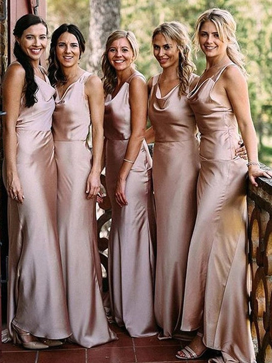 Sheath Sleeveless V-neck Sweep/Brush Train Silk like Satin Bridesmaid Dresses
