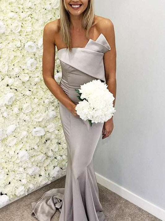 Mermaid Charmeuse With Ruffles Strapless Sleeveless Sweep/Brush Train Bridesmaid Dresses
