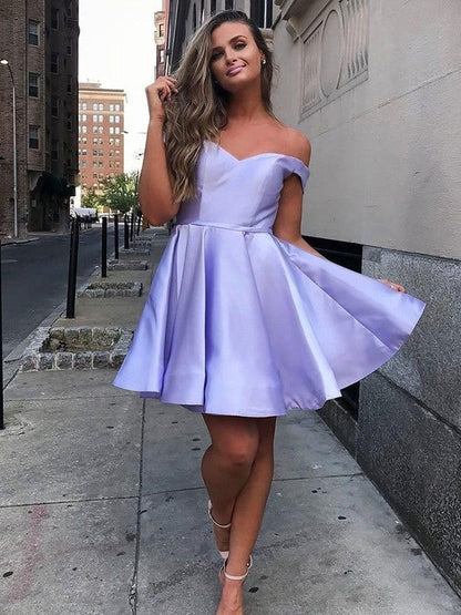 A-Line Satin Ruffles Off-the-Shoulder Sleeveless Short/Mini Homecoming Prom Dress