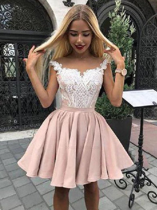 A-Line Satin Applique Off-the-Shoulder Sleeveless Short/Mini Homecoming Dress