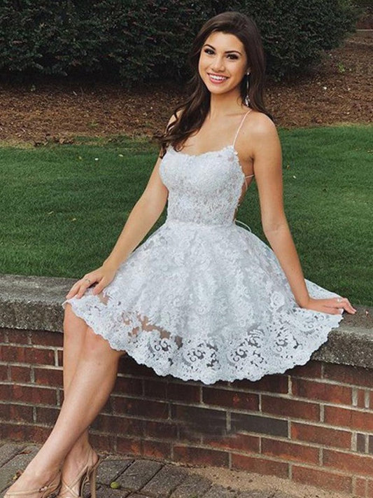 A-Line Lace Applique Spaghetti Straps Sleeveless Short/Mini Homecoming Prom Dress