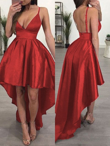 A-Line Taffeta Ruffles Spaghetti Straps Sleeveless Asymmetrical Homecoming Dress