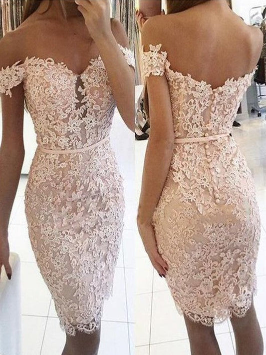 Sheath Lace Off-the-Shoulder Sleeveless Knee-Length Homecoming Prom Dress