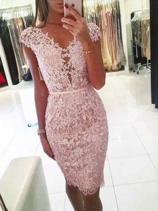 Sheath Lace V-neck Sleeveless Knee-Length Homecoming Prom Dress