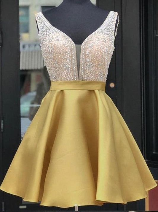 A-Line Satin Beading V-neck Sleeveless Short/Mini Homecoming Prom Dress