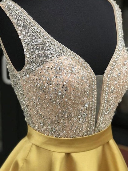 A-Line Satin Beading V-neck Sleeveless Short/Mini Homecoming Prom Dress
