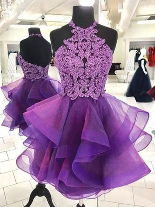 A-Line Tulle Beading Halter Sleeveless Short/Mini Homecoming Prom Dress