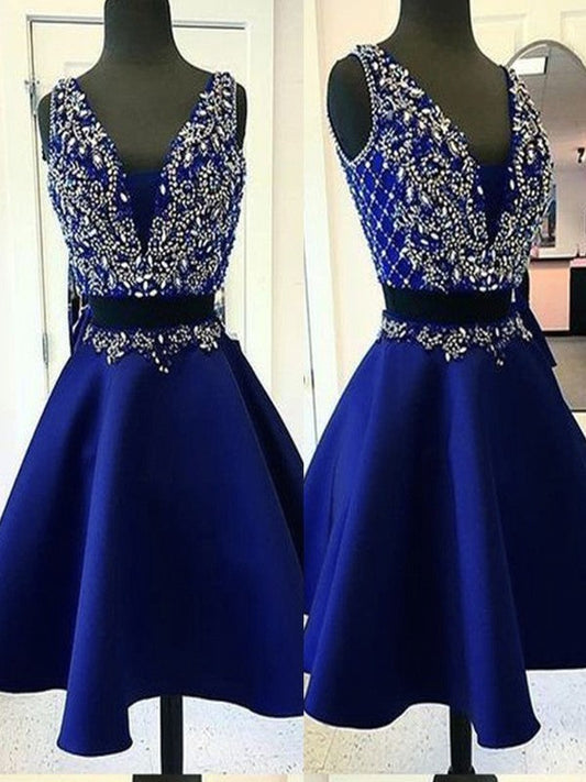 A-Line Satin Beading V-neck Sleeveless Short/Mini Two Piece Homecoming Prom Dress