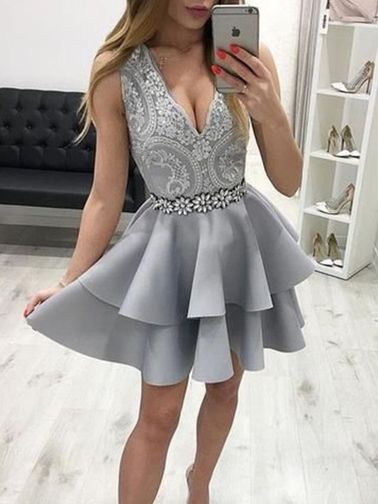 A-Line Satin Applique V-neck Sleeveless Short/Mini Homecoming Prom Dress