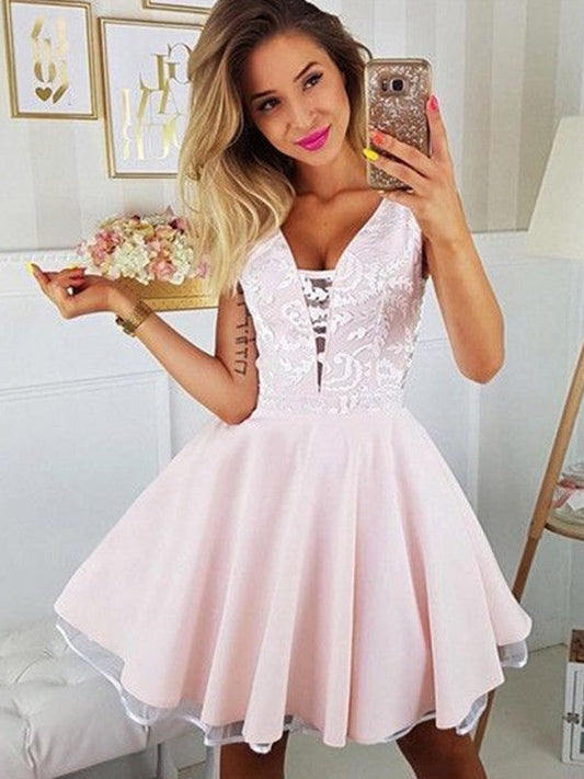 A-Line Satin Applique V-neck Sleeveless Short/Mini Homecoming Prom Dress