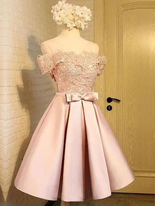 A-Line Satin Applique Off-the-Shoulder Sleeveless Short/Mini Homecoming Prom Dress