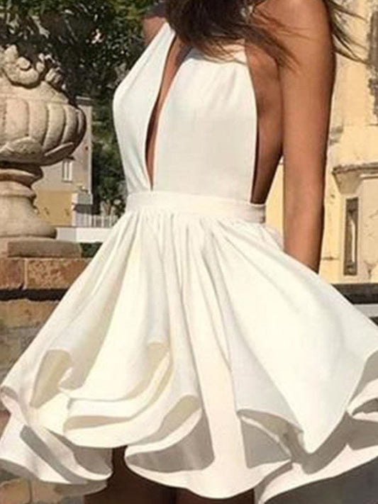 A-Line Satin Ruffles Halter Sleeveless Short/Mini Homecoming Prom Dress