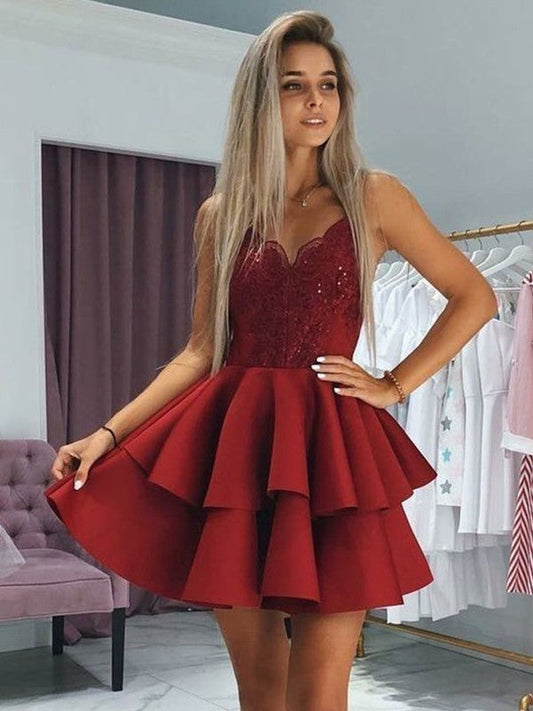 A-Line Satin Ruffles Spaghetti Straps Sleeveless Short/Mini Homecoming Prom Dress