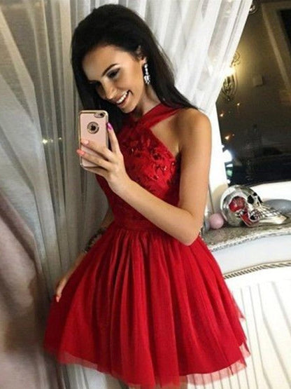 A-Line Tulle Paillette Halter Sleeveless Short/Mini Homecoming Dress