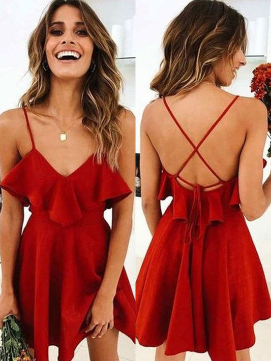 A-Line Spandex Ruffles Spaghetti Straps Sleeveless Short/Mini Homecoming Prom Dress