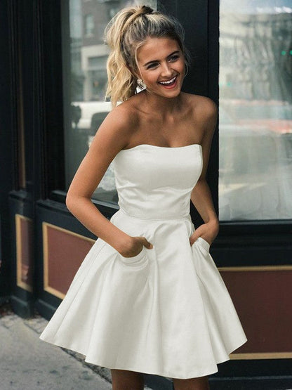 A-Line Satin Ruffles Strapless Sleeveless Short/Mini Homecoming Prom Dress
