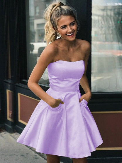A-Line Satin Ruffles Strapless Sleeveless Short/Mini Homecoming Prom Dress