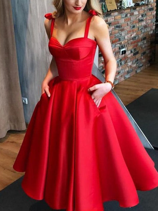 A-Line Satin Bowknot Straps Sleeveless Tea-Length Homecoming Prom Dress