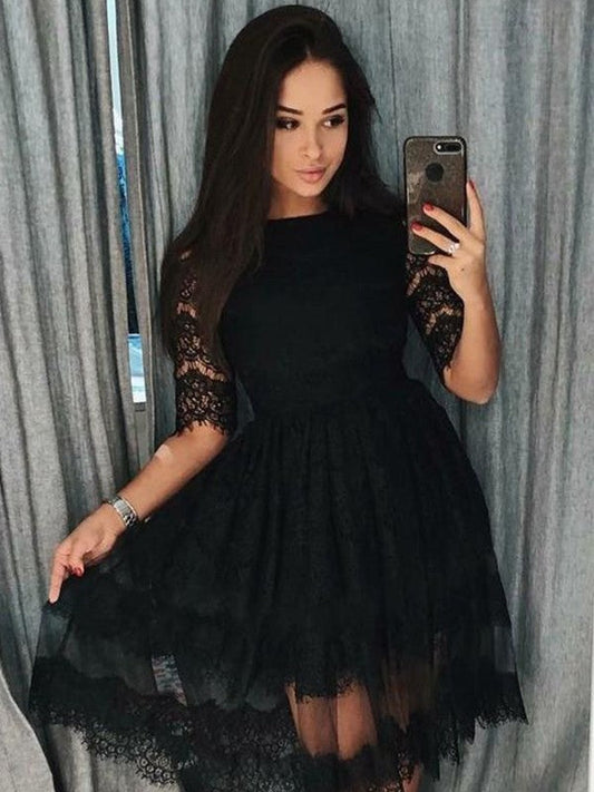 A-Line Lace Lace Scoop 1/2 Sleeves Short/Mini Homecoming Prom Dress