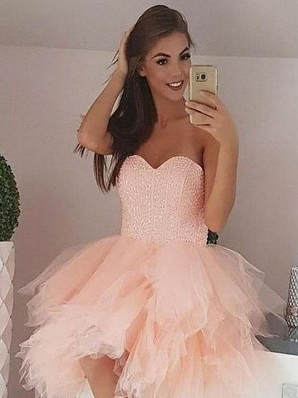 A-Line Tulle Beading Sweetheart Sleeveless Short/Mini Homecoming Dress