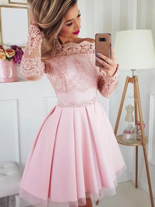 A-Line Satin Lace Off-the-Shoulder Long Sleeves Short/Mini Homecoming Prom Dress