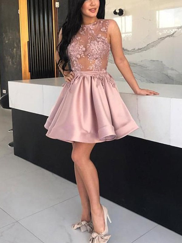 A-Line Satin Applique Sheer Neck Sleeveless Short/Mini Homecoming Prom Dress