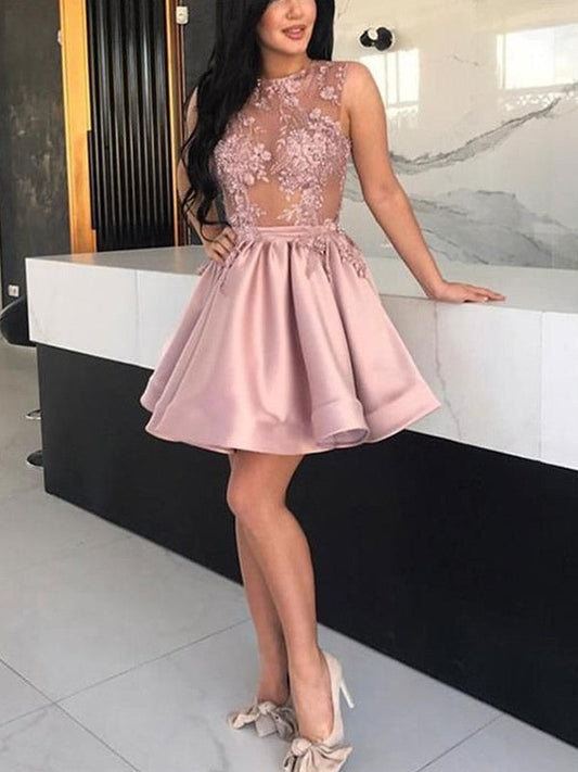 A-Line Satin Applique Sheer Neck Sleeveless Short/Mini Homecoming Prom Dress