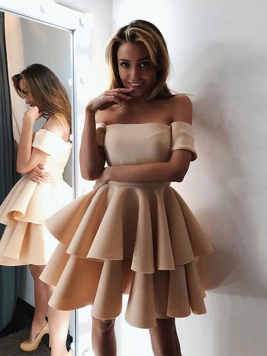 A-Line Satin Layers Off-the-Shoulder Sleeveless Short/Mini Homecoming Prom Dress
