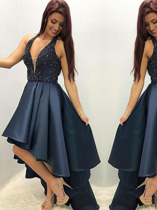 A-Line Satin Beading Halter Sleeveless Asymmetrical Homecoming Prom Dress