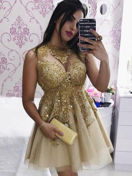 A-Line Tulle Applique Sheer Neck Sleeveless Short/Mini Homecoming Prom Dress