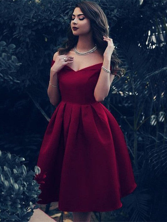 A-Line Satin Ruffles Off-the-Shoulder Sleeveless Knee-Length Homecoming Prom Dress
