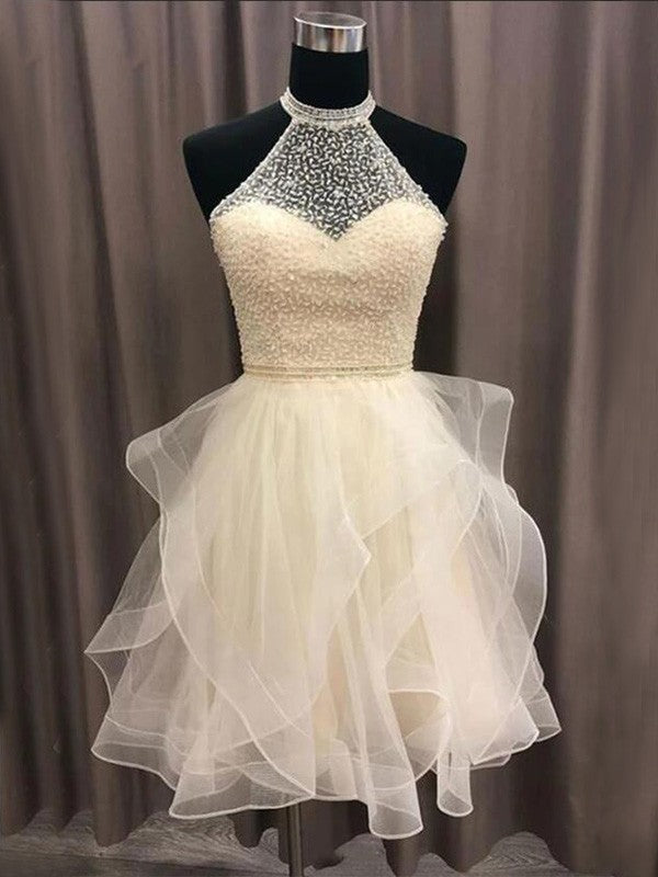 A-Line/Princess Organza Beading Halter Sleeveless Short/Mini Homecoming Dress