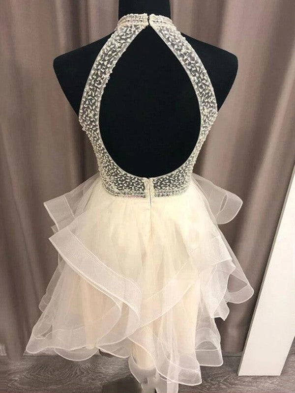 A-Line/Princess Organza Beading Halter Sleeveless Short/Mini Homecoming Dress