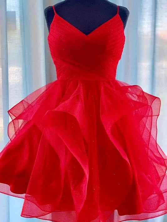A-Line/Princess Tulle Spaghetti Straps Sleeveless Ruffles Short/Mini Homecoming Dress