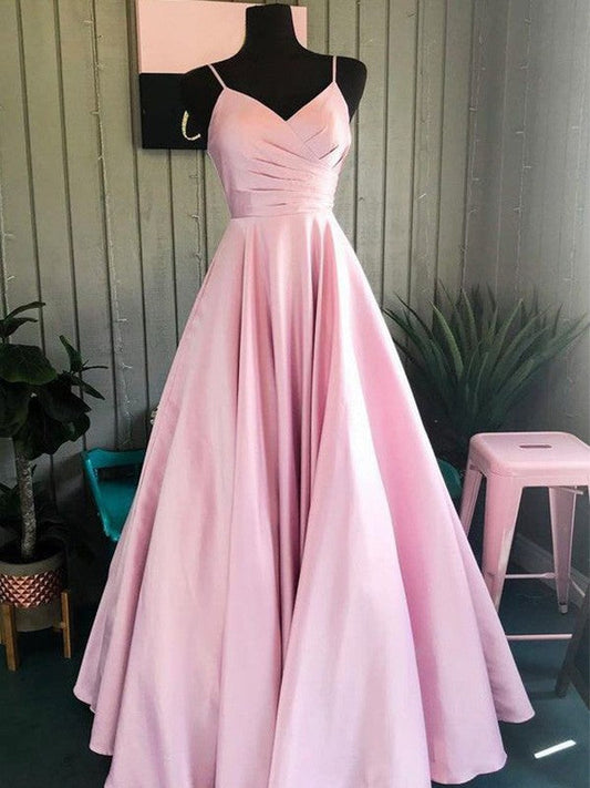 A-Line/Princess Satin Ruched Spaghetti Straps Sleeveless Floor-Length Prom Dress