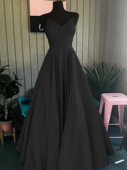 A-Line/Princess Satin Ruched Spaghetti Straps Sleeveless Floor-Length Prom Dress